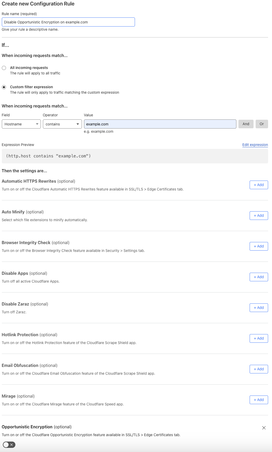 Configuration rule matching the &lsquo;Opportunistic Encryption > Off&rsquo; setting of the example Page Rule